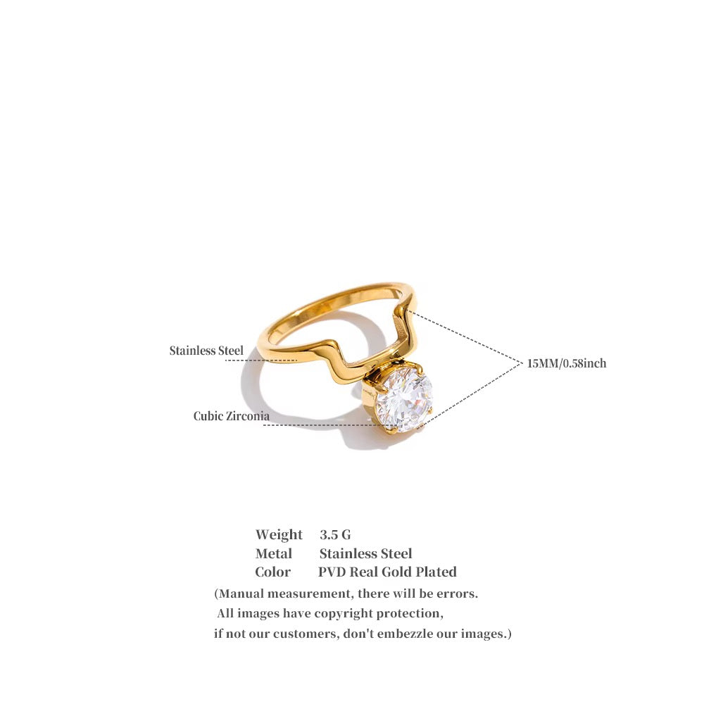 Real Gold Plated Stainless Steel Oval cutout Band inlaid Cubic Zirconia Ring