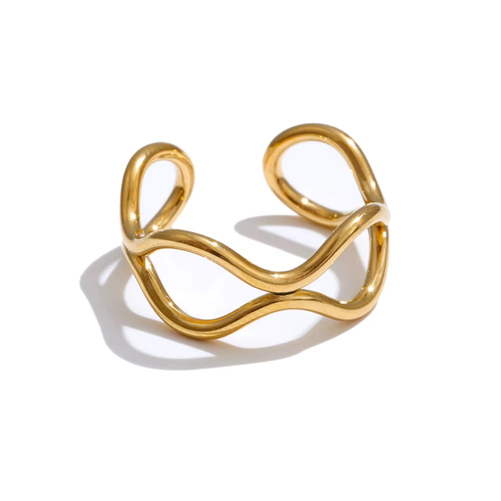18K Gold Plated Hypoallergenic Minimalist Wavy Twisted Band Cuff Stainless Steel Adjustable Ring