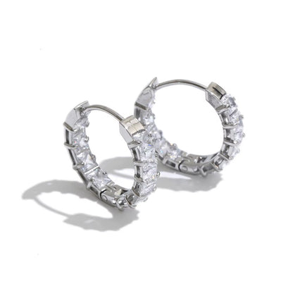 18K Gold Plated Square Cut Cubic Zirconia Hoop Stainless Steel Dangle Earrings