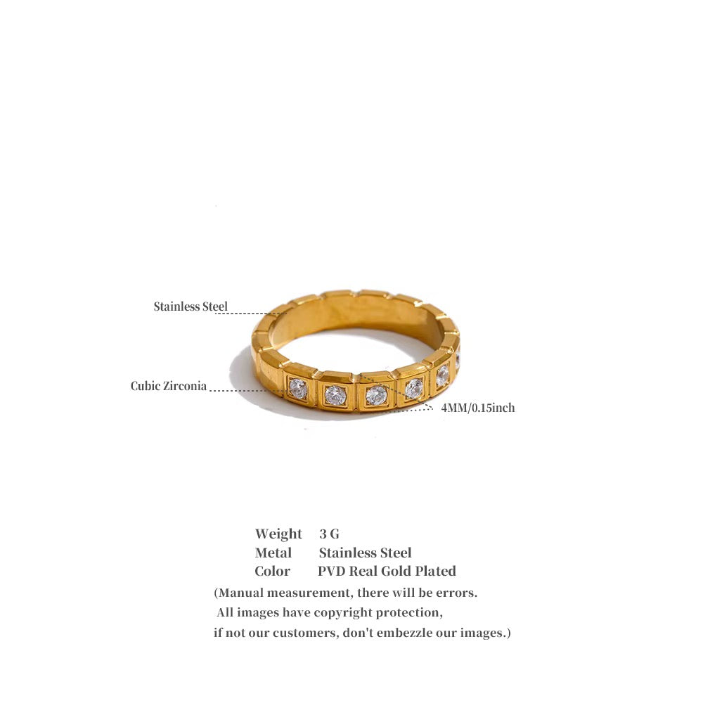 18K Gold Plated Geometric Minimalist Checkerboard Cubic Zirconia Inlaid Stackable Stainless Steel Adjustable Ring
