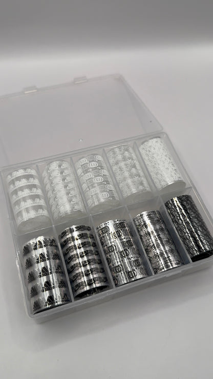 Luxury Designer-Inspired Nail Transfer Foil Set of(10 Rolls)- White/Black