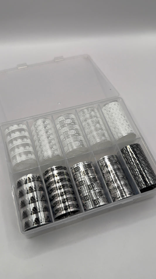 Luxury Designer-Inspired Nail Transfer Foil Set of(10 Rolls)- White/Black