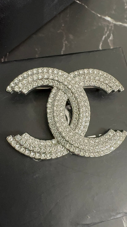 Silver Crystal CC Brooch Pin