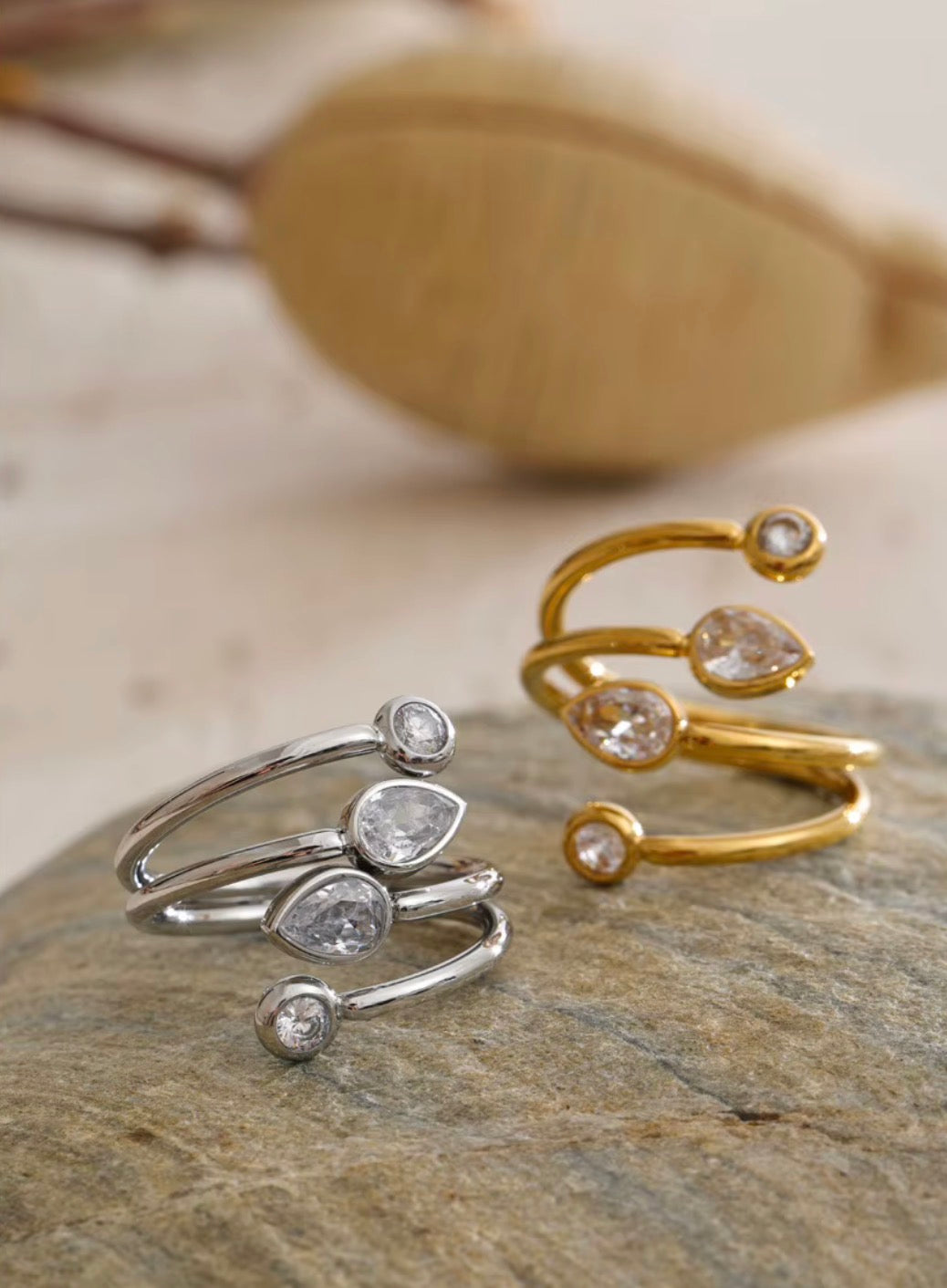 18K Gold Plated Hypoallergenic Minimalist Wavy Twisted Band Cuff Cubic Zirconia Adjustable Ring