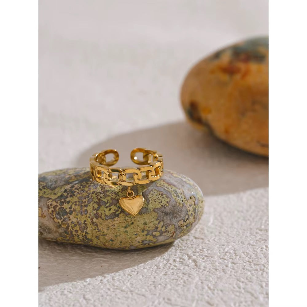 18K Gold Plated Hypoallergenic Chain Heart Adjustable Stainless Steel Ring