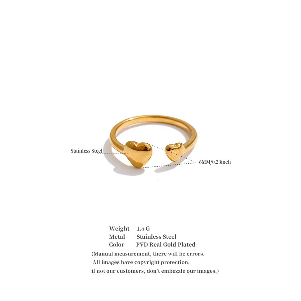 18K Gold Plated Hypoallergenic Double Heart Adjustable Stainless Steel Ring