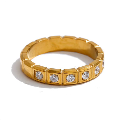 18K Gold Plated Geometric Minimalist Checkerboard Cubic Zirconia Inlaid Stackable Stainless Steel Adjustable Ring