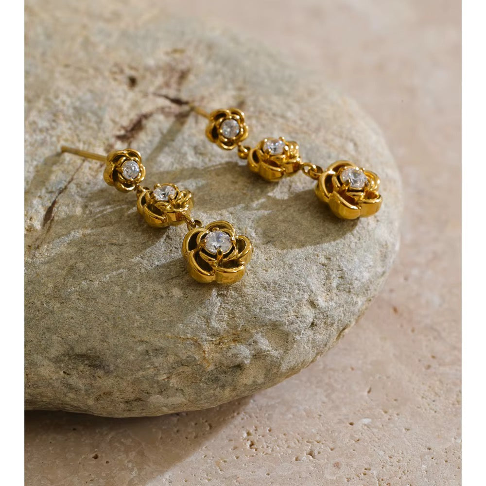 18K Gold Plated Three Rose Petals Cubic Zirconia Stainless Steel Dangle Earrings