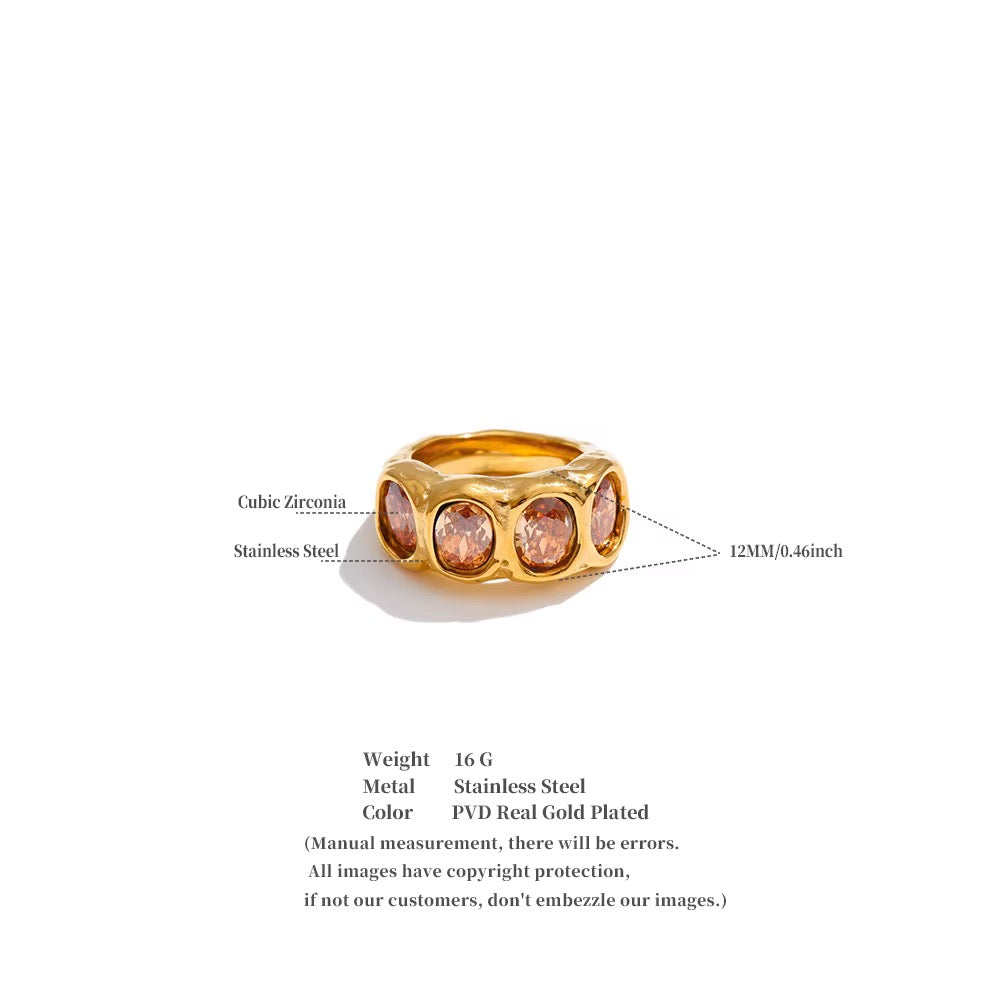 18K Gold Plated Chunky Wide Band Oval Cut Cubic Zirconia Ring
