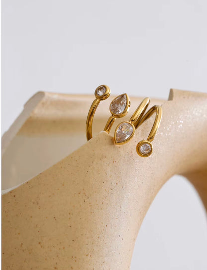 18K Gold Plated Hypoallergenic Minimalist Wavy Twisted Band Cuff Cubic Zirconia Adjustable Ring