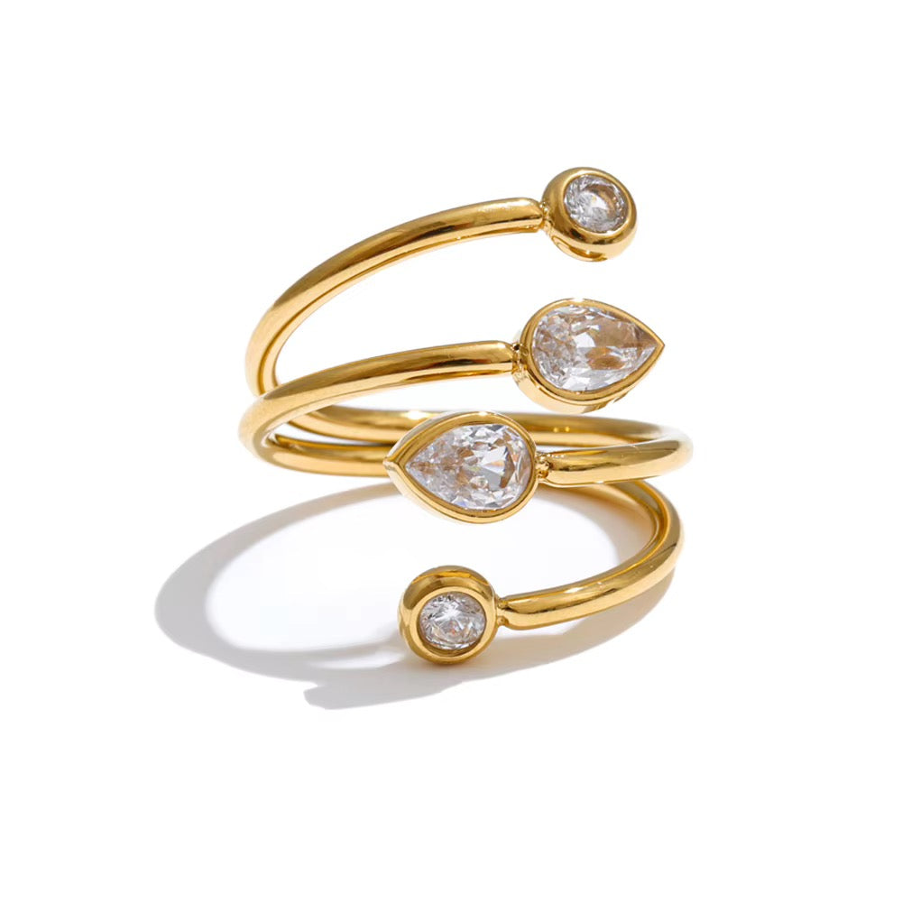 18K Gold Plated Hypoallergenic Minimalist Wavy Twisted Band Cuff Cubic Zirconia Adjustable Ring