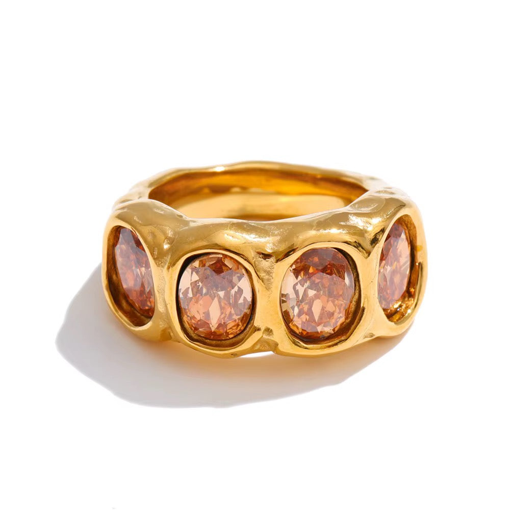 18K Gold Plated Chunky Wide Band Oval Cut Cubic Zirconia Ring