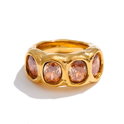 18K Gold Plated Chunky Wide Band Oval Cut Cubic Zirconia Ring