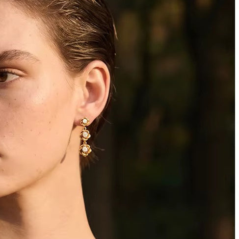 18K Gold Plated Three Rose Petals Cubic Zirconia Stainless Steel Dangle Earrings