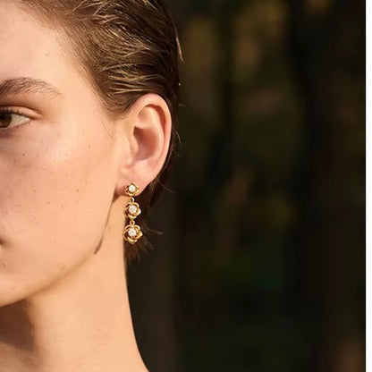 18K Gold Plated Three Rose Petals Cubic Zirconia Stainless Steel Dangle Earrings
