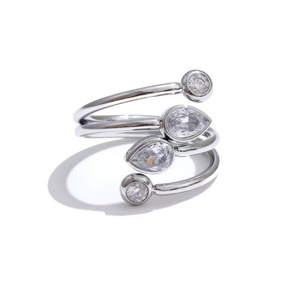 18K Gold Plated Hypoallergenic Minimalist Wavy Twisted Band Cuff Cubic Zirconia Adjustable Ring