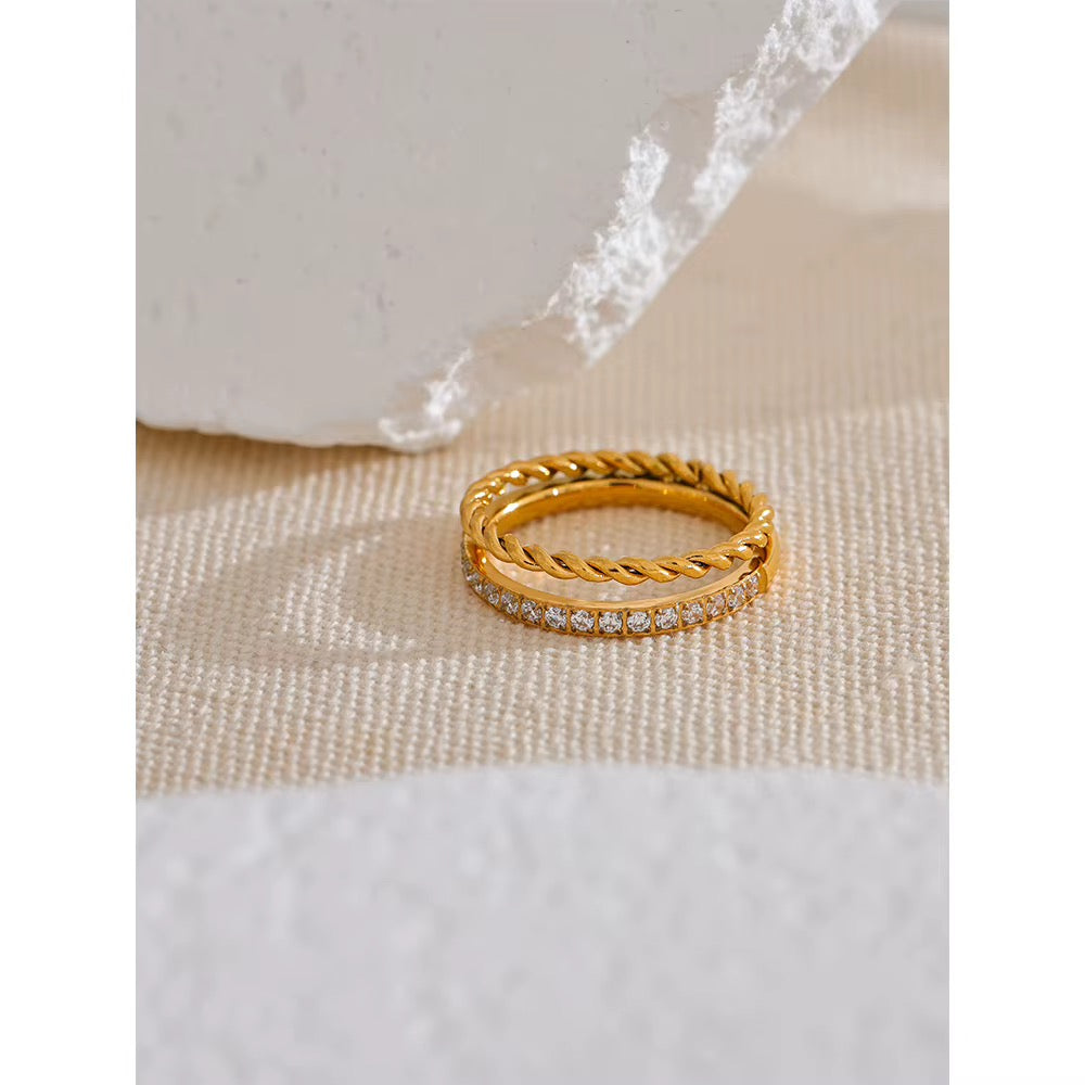 18K Real Gold plated Hypoallergenic Double Looped Chain Cubic Zirconia Ring