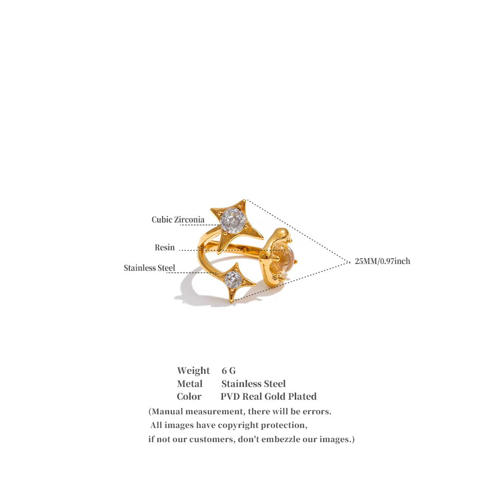 18K Gold Plated French style Waterproof Stainless Steel Sparkling star Cubic Zirconia Adjustable Ring