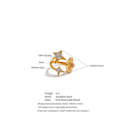 18K Gold Plated French style Waterproof Stainless Steel Sparkling star Cubic Zirconia Adjustable Ring