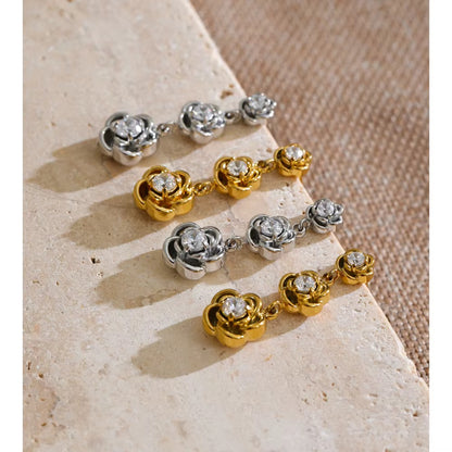 18K Gold Plated Three Rose Petals Cubic Zirconia Stainless Steel Dangle Earrings
