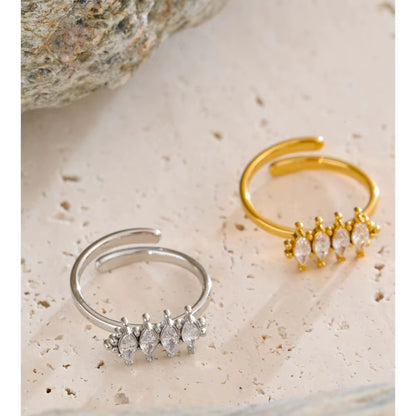 Rhombic Cubic Zirconia 16K Gold Plated Waterproof Stainless Steel Adjustable Ring