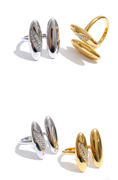 18K Gold Plated Double Oval Waterproof Stainless Steel Cubic Zirconia Adjustable Ring