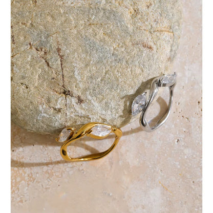 18K Gold Plated Waterproof Leaf Cubic Zirconia Stainless Steel Ring