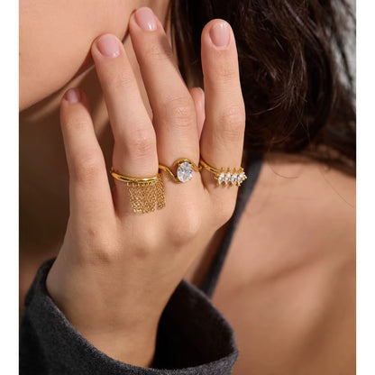 Rhombic Cubic Zirconia 16K Gold Plated Waterproof Stainless Steel Adjustable Ring