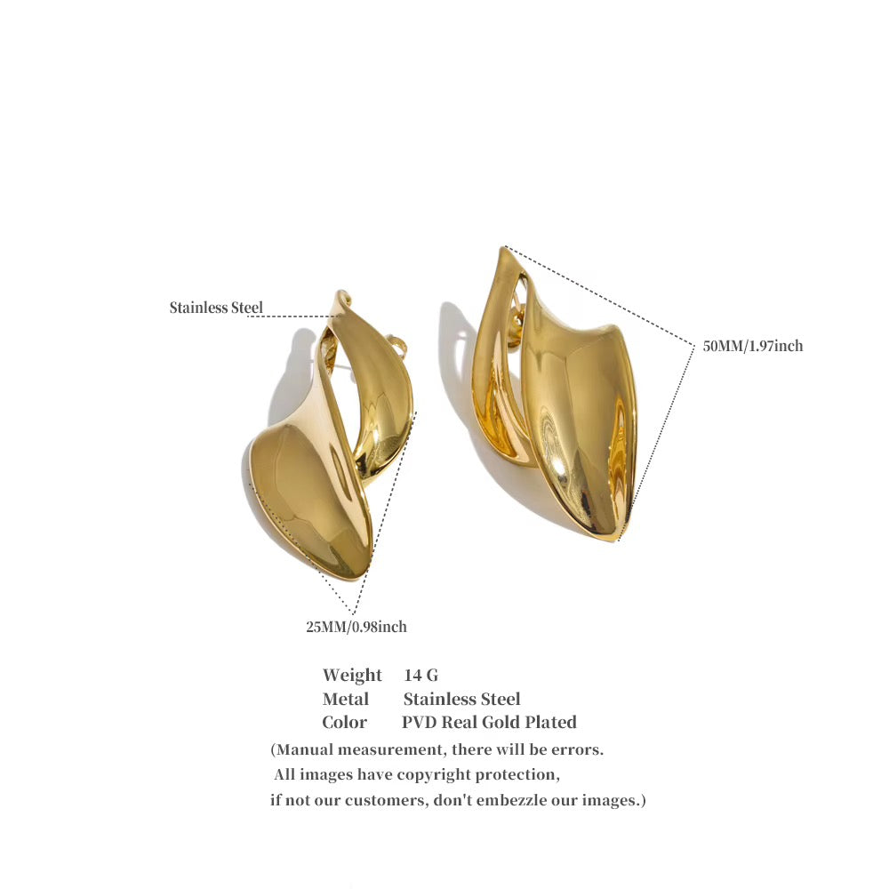 18K Gold Plated Waterproof Chunky Irregular Curved Wave Statement Stainless Steel DropEarrings