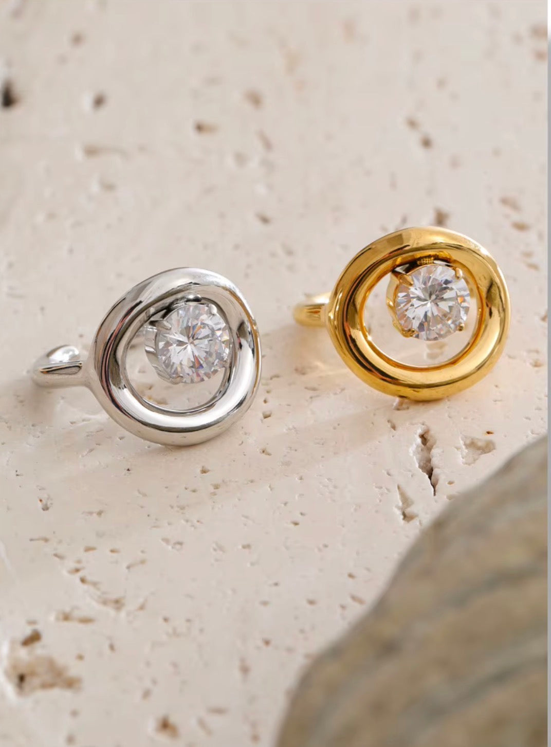 18K Gold Plated Chunky Hollow Round Cubic Zirconia Adjustable Ring