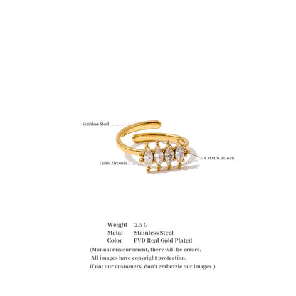 Rhombic Cubic Zirconia 16K Gold Plated Waterproof Stainless Steel Adjustable Ring