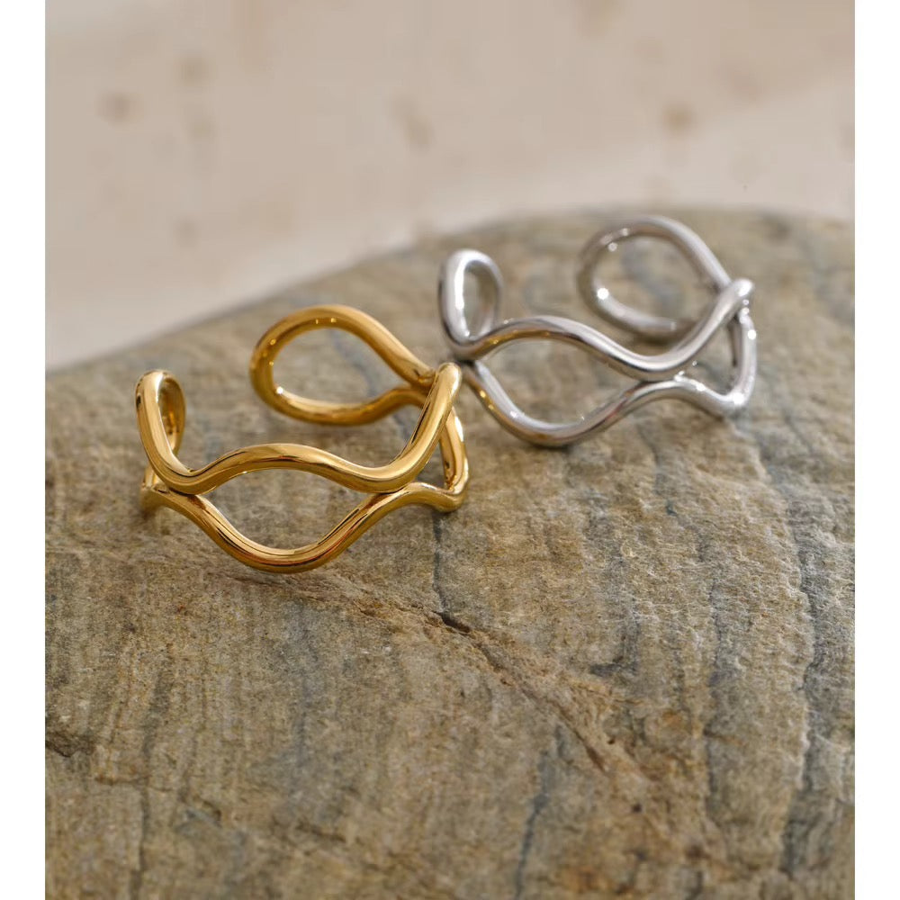 18K Gold Plated Hypoallergenic Minimalist Wavy Twisted Band Cuff Stainless Steel Adjustable Ring