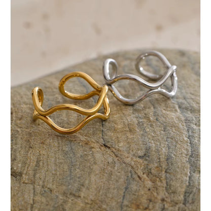 18K Gold Plated Hypoallergenic Minimalist Wavy Twisted Band Cuff Stainless Steel Adjustable Ring