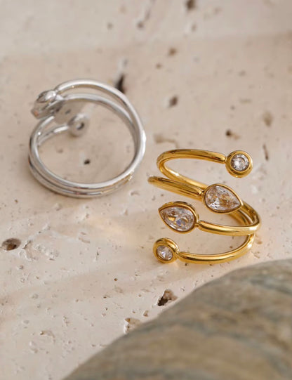 18K Gold Plated Hypoallergenic Minimalist Wavy Twisted Band Cuff Cubic Zirconia Adjustable Ring