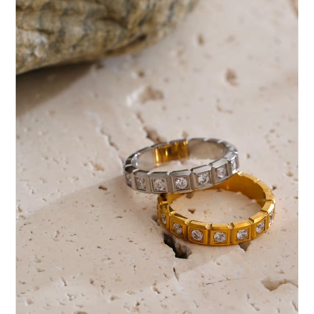 18K Gold Plated Geometric Minimalist Checkerboard Cubic Zirconia Inlaid Stackable Stainless Steel Adjustable Ring