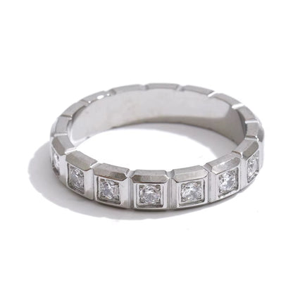 18K Gold Plated Geometric Minimalist Checkerboard Cubic Zirconia Inlaid Stackable Stainless Steel Adjustable Ring