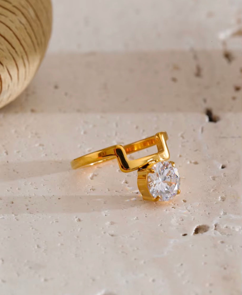 Real Gold Plated Stainless Steel Oval cutout Band inlaid Cubic Zirconia Ring