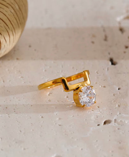 Real Gold Plated Stainless Steel Oval cutout Band inlaid Cubic Zirconia Ring