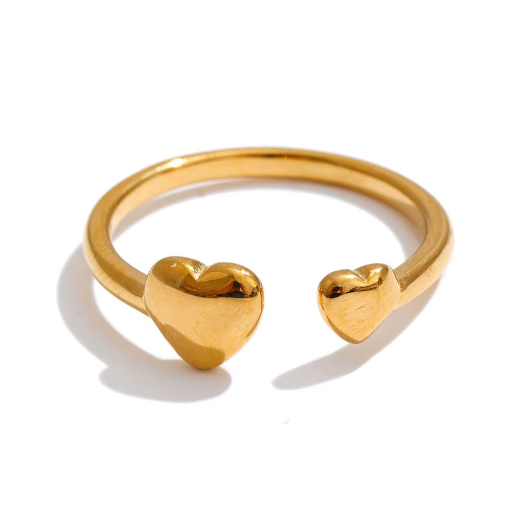 18K Gold Plated Hypoallergenic Double Heart Adjustable Stainless Steel Ring