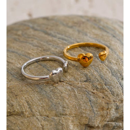 18K Gold Plated Hypoallergenic Double Heart Adjustable Stainless Steel Ring
