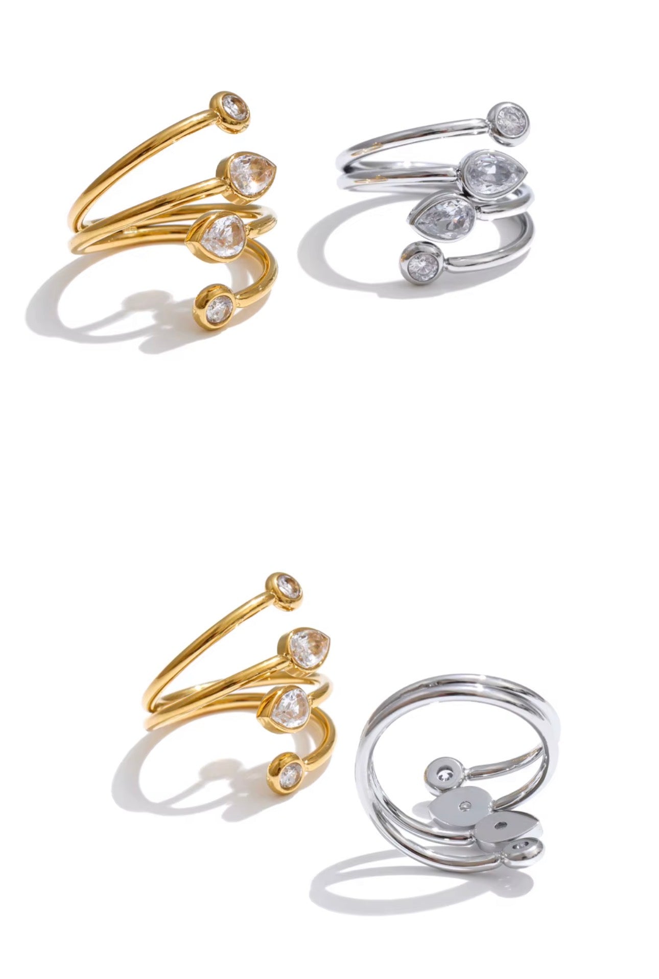 18K Gold Plated Hypoallergenic Minimalist Wavy Twisted Band Cuff Cubic Zirconia Adjustable Ring