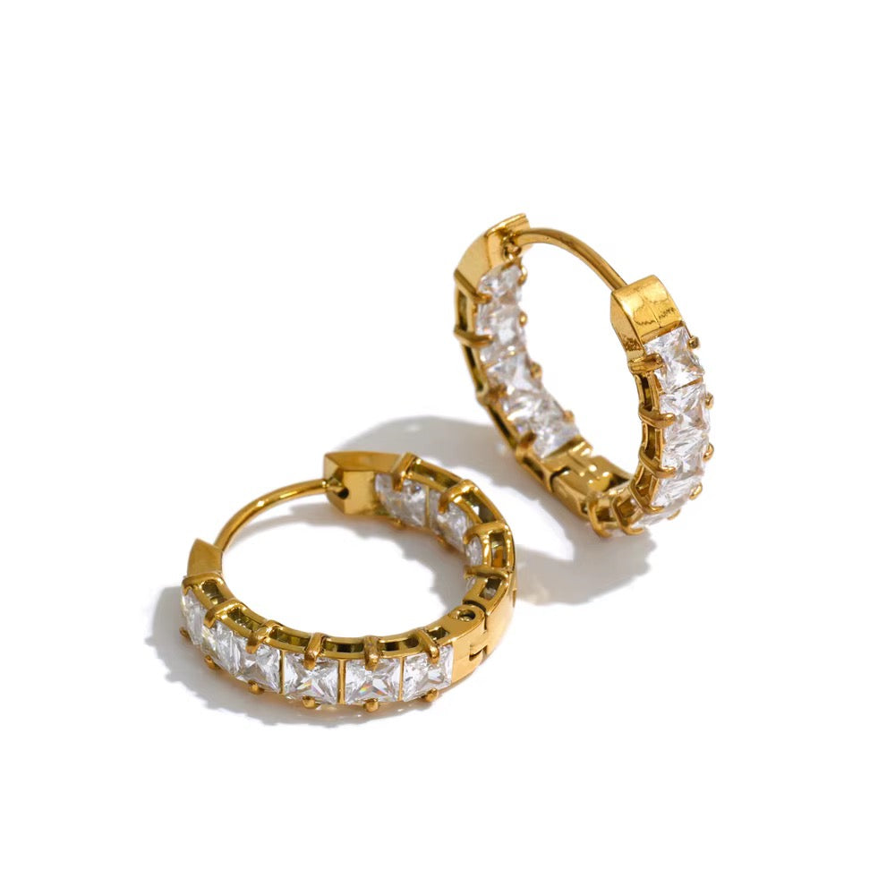18K Gold Plated Square Cut Cubic Zirconia Hoop Stainless Steel Dangle Earrings