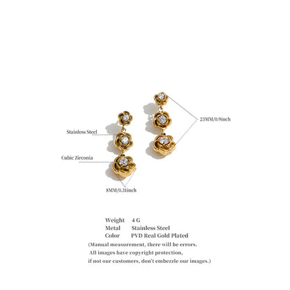 18K Gold Plated Three Rose Petals Cubic Zirconia Stainless Steel Dangle Earrings