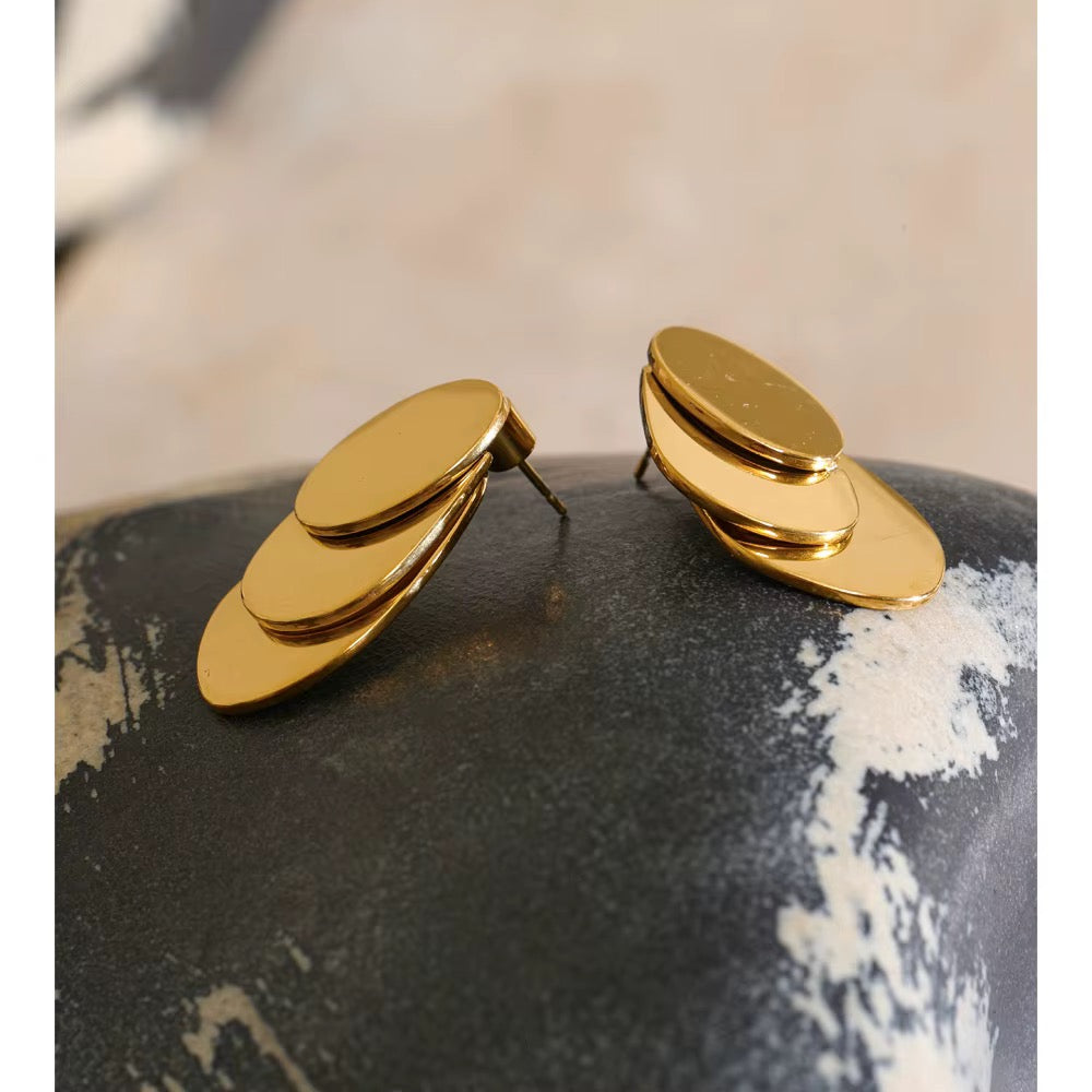 Geometric layered Disc Drop Stainless  PVD Gold plated Earrings