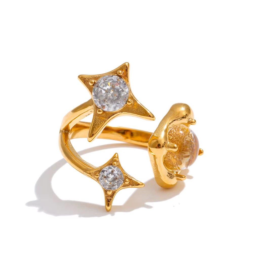18K Gold Plated French style Waterproof Stainless Steel Sparkling star Cubic Zirconia Adjustable Ring