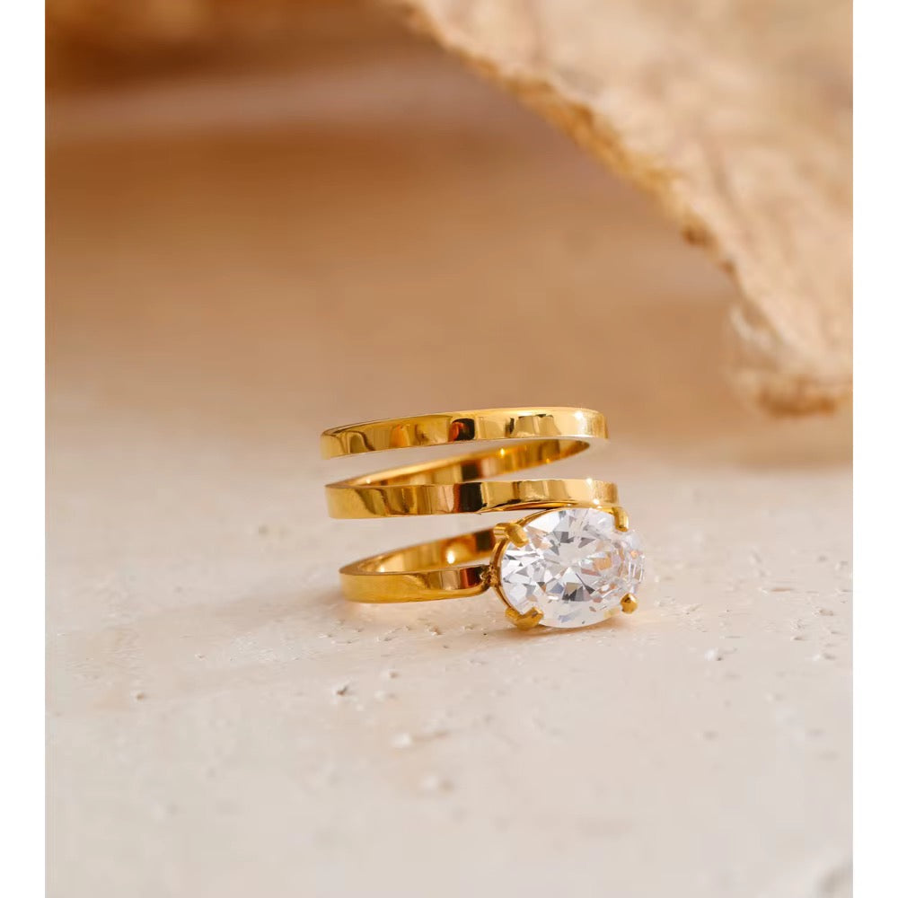 18K Real Gold plated Hypoallergenic Multi Layer Hollow Big Cubic Zirconia Stainless Steel Ring