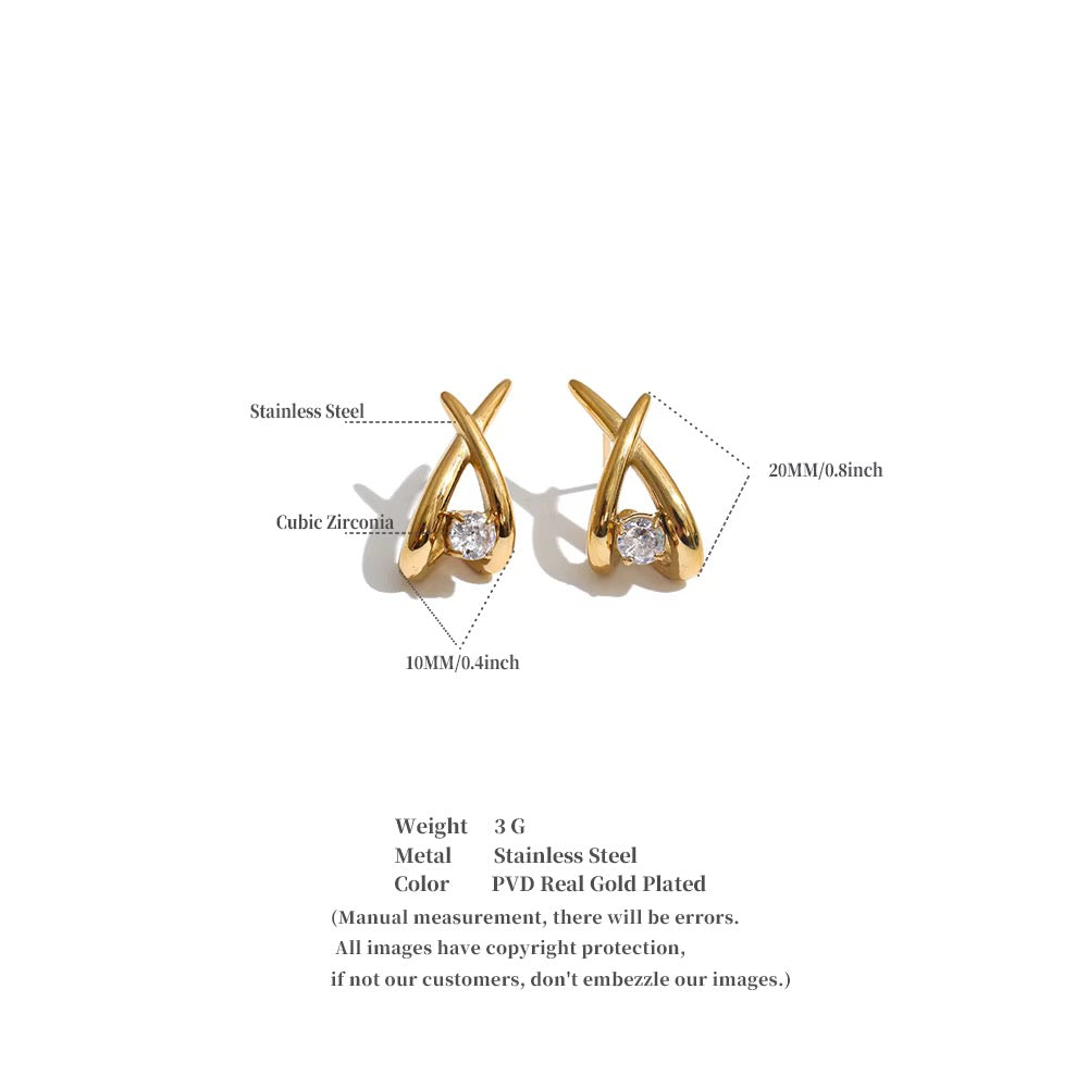 Luxury 18K Gold Plated Waterproof Stainless Steel Geometric X Sparkling Cubic Zirconia Earrings