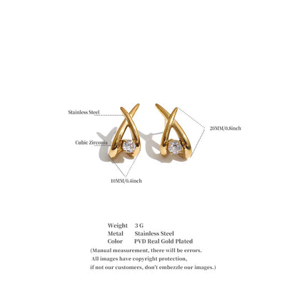 Luxury 18K Gold Plated Waterproof Stainless Steel Geometric X Sparkling Cubic Zirconia Earrings