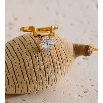 Real Gold Plated Stainless Steel Oval cutout Band inlaid Cubic Zirconia Ring