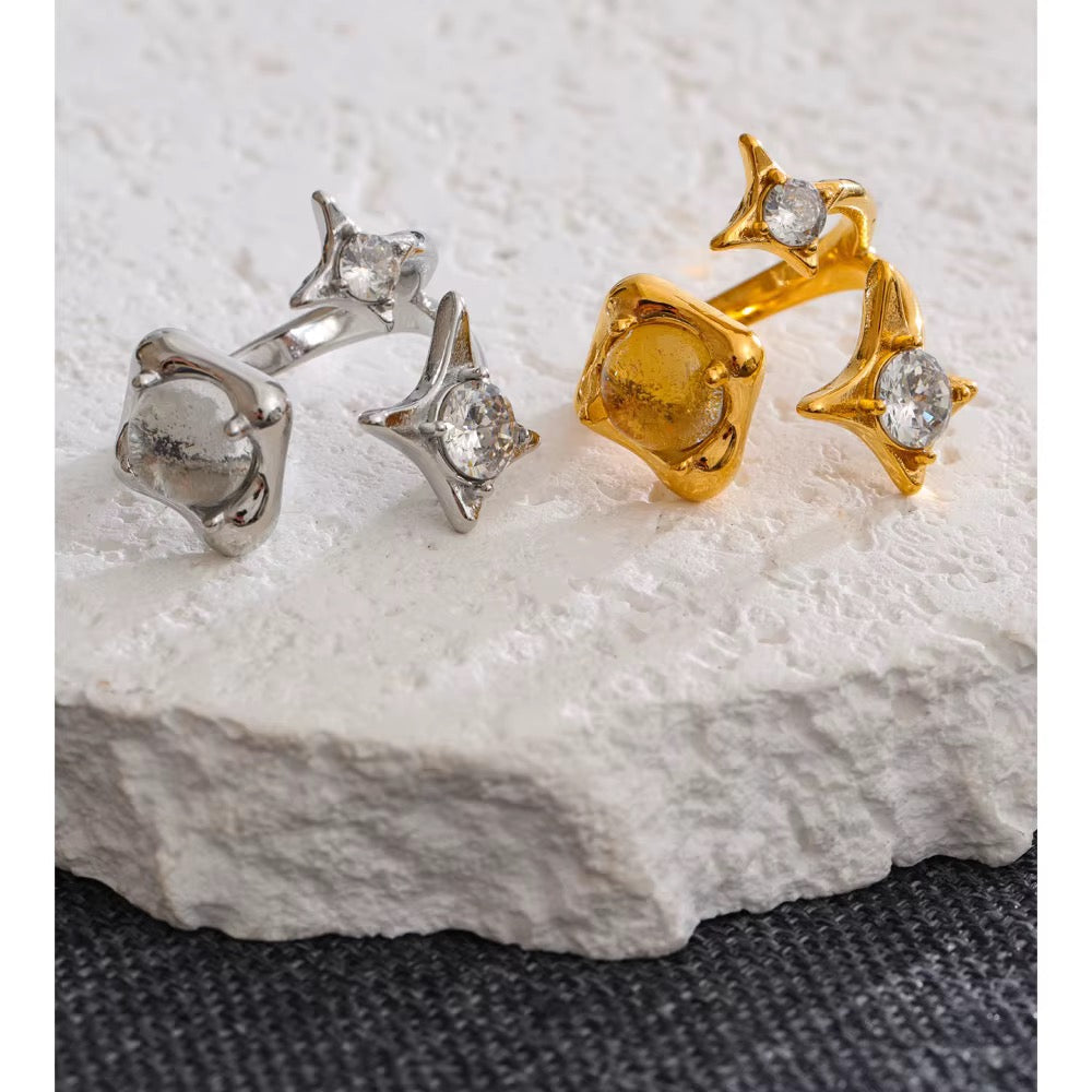 18K Gold Plated French style Waterproof Stainless Steel Sparkling star Cubic Zirconia Adjustable Ring
